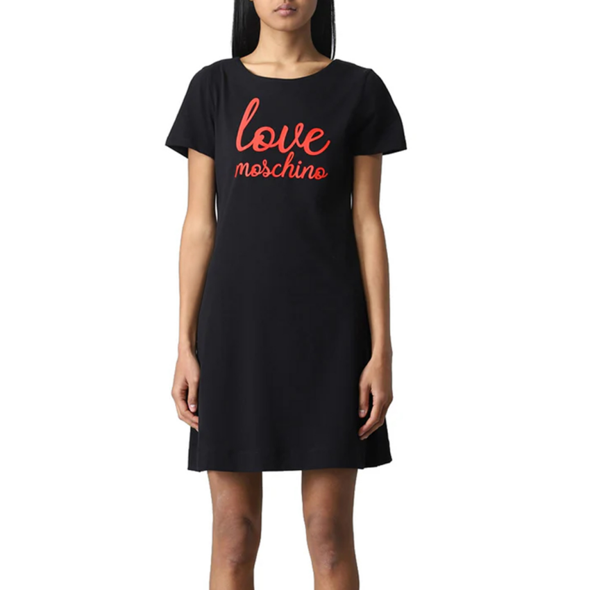 LOVE MOSCHINO Abito, da donna, girocollo, manica corta, bicolore, con logo