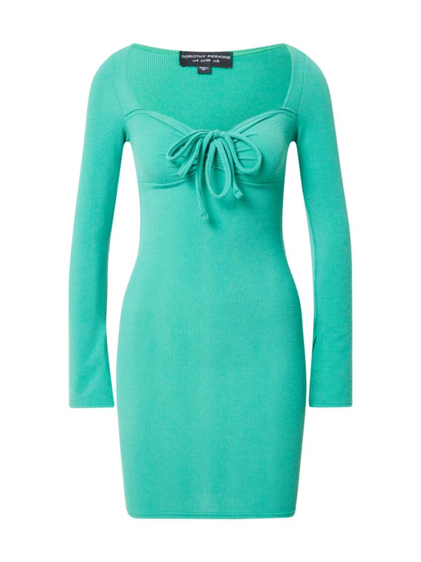 Dorothy Perkins - Elegante Mini Abito a Maniche Lunghe in Maglia a Costine con Dettaglio Nodo al Décolleté - Perfetto per Ogni Occasione