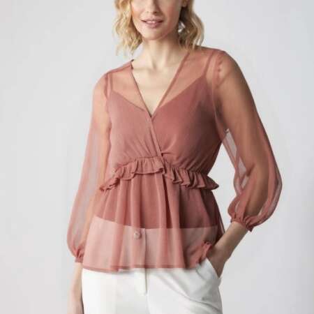 ABOUT YOU - Blusa 'Kiara' in Chiffon Rosa con Volant, Scollo a V e Maniche Lunghe - Eleganza Romantica e Femminile