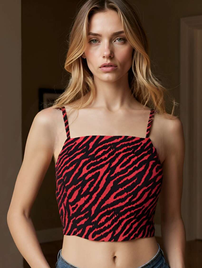 Top Corto da Donna con Stampa Zebrata Rosso e Nero, Spalline Sottili - Nasty Gal