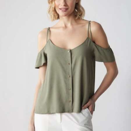 ABOUT YOU Camicetta 'Abby' da Donna - Spalle Scoperte, Abbottonatura Frontale, Maniche Corte Volant