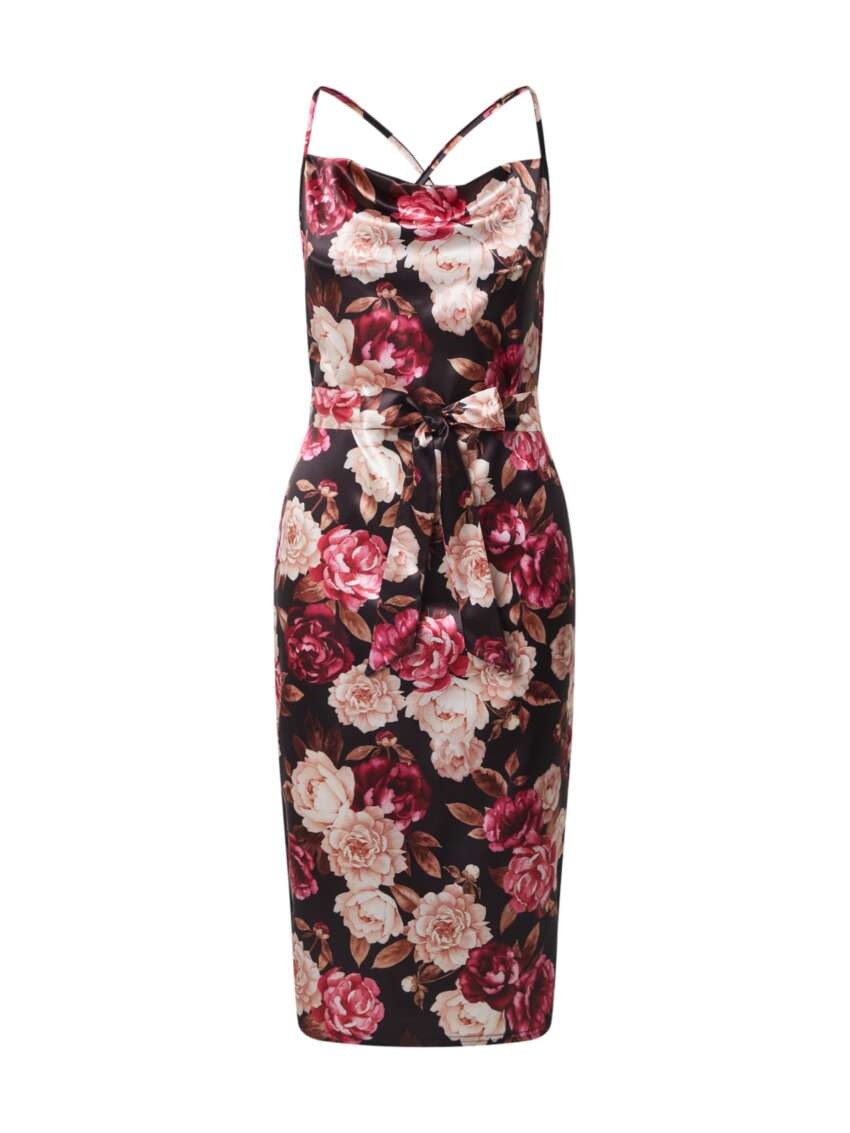 Abito Donna Elegante Midi Floreale - Vestito a Fiori con Spalline Sottili e Cintura, Vestito da Cerimonia e Party Estivi