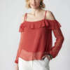 Blusa da Donna a Spalle Scoperte con Volant e Maniche Lunghe Trasparenti a Pois