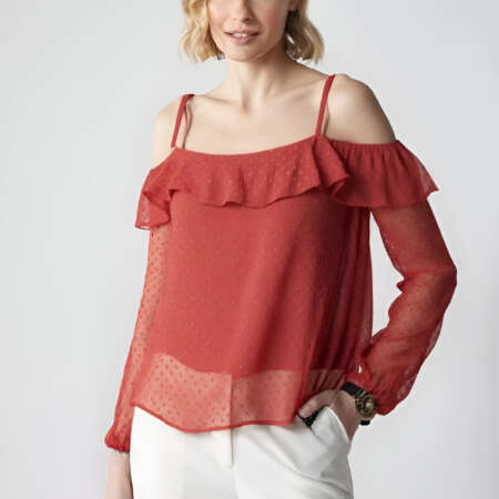 Blusa da Donna a Spalle Scoperte con Volant e Maniche Lunghe Trasparenti a Pois
