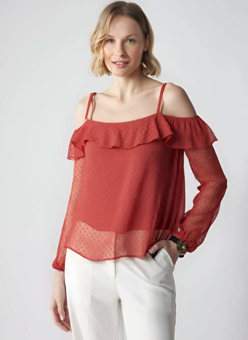 Blusa da Donna a Spalle Scoperte con Volant e Maniche Lunghe Trasparenti a Pois
