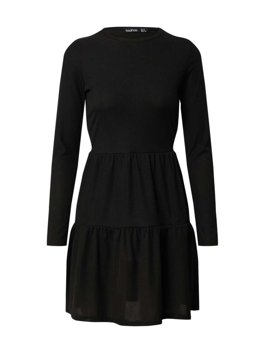 Boohoo Vestito Mini a Balze con Maniche Lunghe e Texture a Costine da Donna