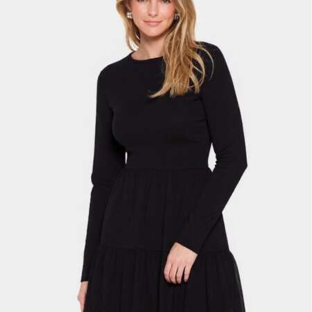 Boohoo Vestito Mini a Balze con Maniche Lunghe e Texture a Costine da Donna