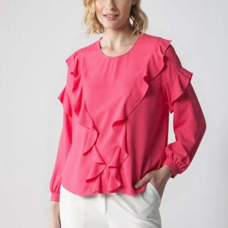 Wallis Blusa da Donna Rosa Vivace con Volant e Maniche Lunghe - Top Women
